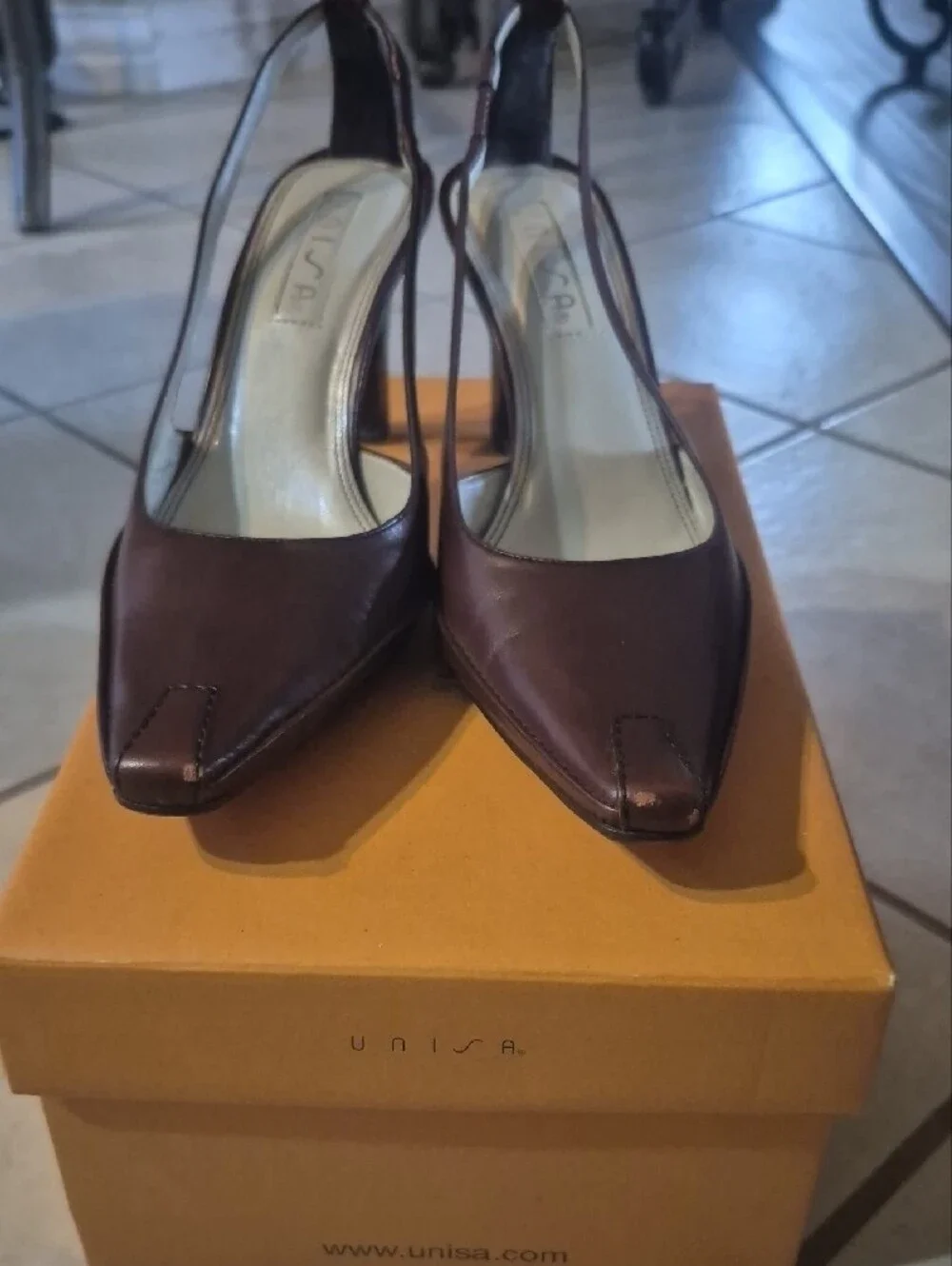 Unisa Brown Leather Slingback Pointed-Toe Heels